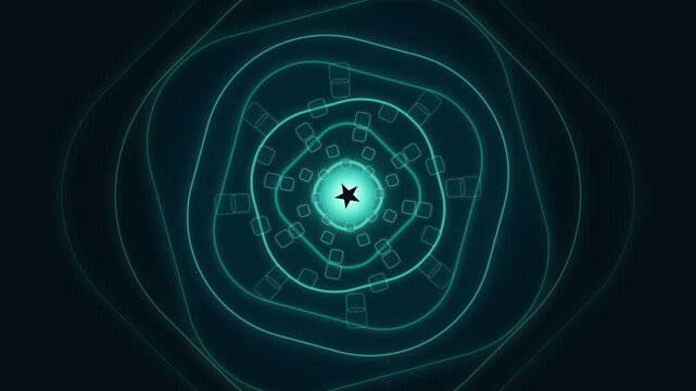 Abstract digital star at the center of glowing cyan concentric tunnel rings with futuristic geometric shapes