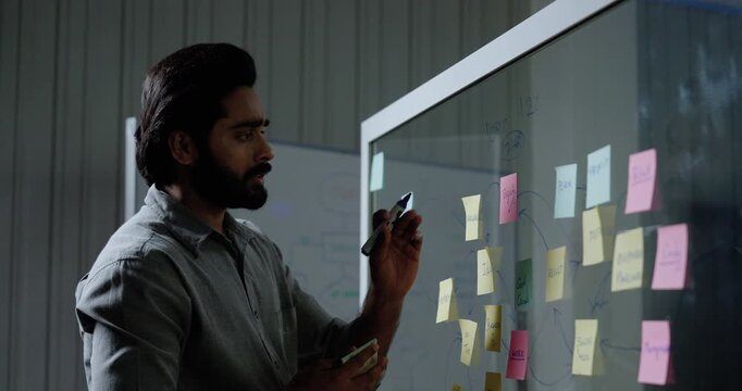 Adult male technology professional writes and moves sticky notes across glass board, reviewing software project ideas and workflow tasks during strategic business planning session in modern office.