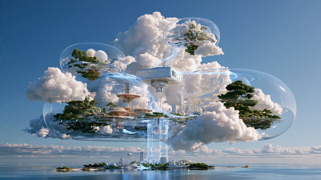 Surreal glass cloud floating in blue sky containing mini ecosystem and futuristic city   