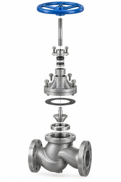 Exploded view technical illustration of a industrial globe valve