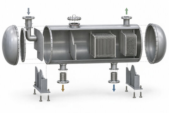 Exploded view technical illustration of a horizontal three-phase separator pressure vessel