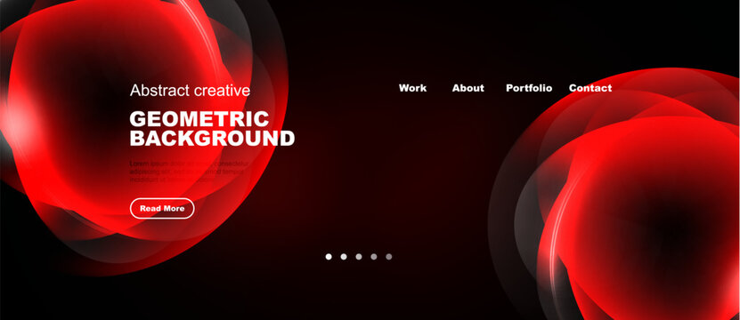 Red abstract shapes dominate dark background. Text elements present website navigation, call to action. Modern design, fluid forms.