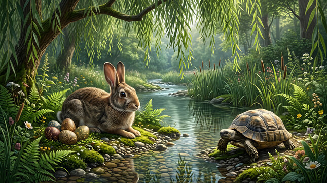 Rabbit and turtle illustration digital art, fable characters by a forest stream, peaceful woodland nature landscape with weeping willow trees, cute animals storybook style