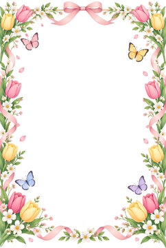Spring Floral Border with Tulips, Butterflies, and Pink Ribbon
