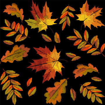 Autumn leaves seamless pattern embroidery design. Maple, oak, and rowan foliage in warm colors. Fashion clothing patches stickers print. Black background hand-stitched vector art.