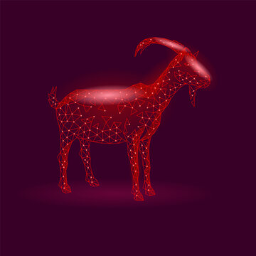 Glowing red low-poly goat embroidery design. Futuristic geometric wireframe style. Fashion clothing patches stickers print. Dark purple background vector illustration.