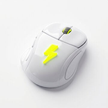Glossy White Wireless Computer Mouse With A Glowing Lightning Logo