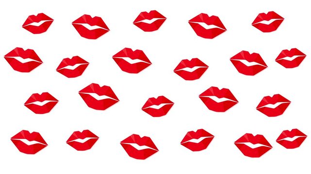 Stylized lips marks appear progressively across the frame in varied sizes and angles, building a playful kiss-stamp pattern ideal for beauty promos, fashion backgrounds, romance graphics, and overlays