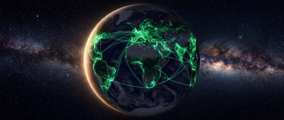 Fototapeta premium Smart renewable energy grid connecting the globe with glowing green power lines in space