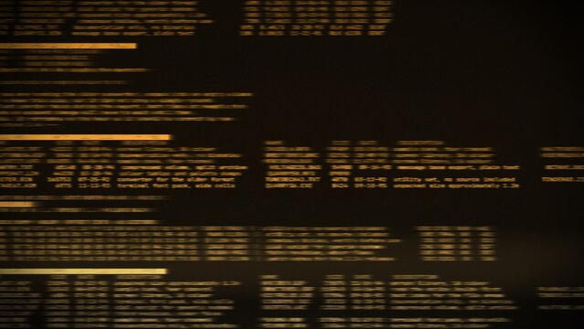 Amber computer code streaks on dark screen, motion blur retro terminal text in orange and gold, hacker and programming technology background