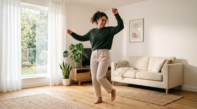 Young woman dancing joyfully in a sunlit living room with plants and a sofa