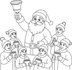 Fototapeta premium Santa Claus Ringing Bell surrounded by Happy Children Line Art Coloring Page