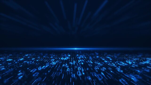 Futuristic blue information field stretches toward horizon generous dark copy space, modern visual technology presentations, digital environments, network simulations, virtual scenes and advanced data