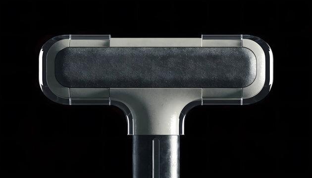 Minimalist industrial tool handle on dark background. Ergonomic product design and equipment prototyping. Textured grip fixture holding balanced position against dark space