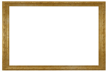 Fototapeta premium Cornice rettangolare dorata intagliata in stile barocco/antico, decorazioni floreali in rilievo, sfondo trasparente PNG, ideale per foto, quadri, certificati e design vintage.