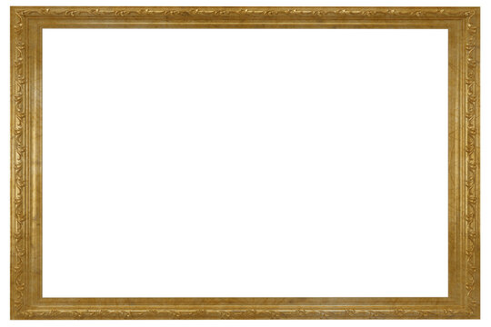Cornice rettangolare dorata intagliata in stile barocco/antico, decorazioni floreali in rilievo, sfondo trasparente PNG, ideale per foto, quadri, certificati e design vintage.