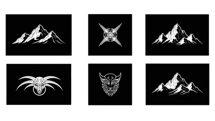 Fototapeta premium Collection of Six Stylized Vector Icons: Mountains, Tribal Symbols, and Mythological Creatures