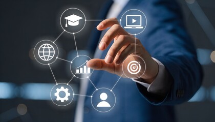 Obraz premium Businessman Connecting Digital Education and Online Learning Network Icons