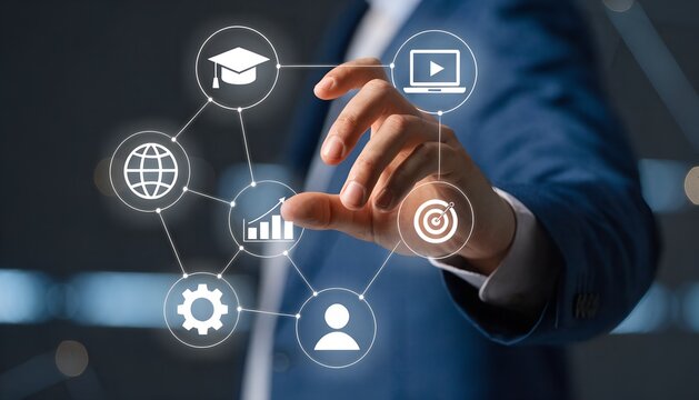 Businessman Connecting Digital Education and Online Learning Network Icons