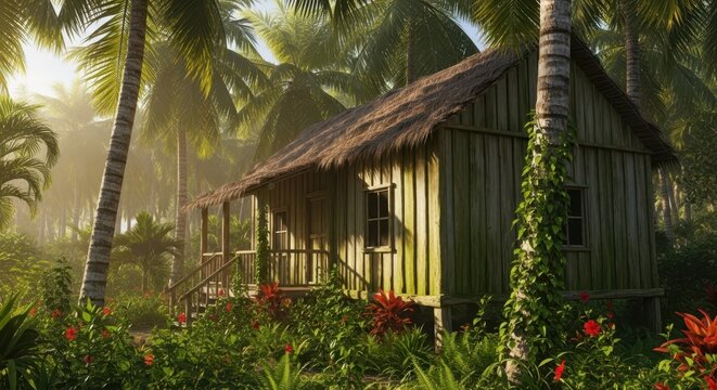 Rustic wooden hut surrounded by tropical palm trees at sunrise