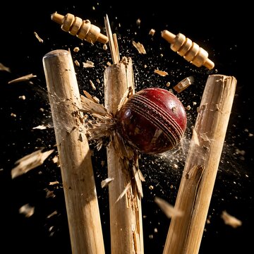 Action cricket ball hitting wooden stumps, shattered wicket with flying bails and splinters, dramatic sports impact on black background