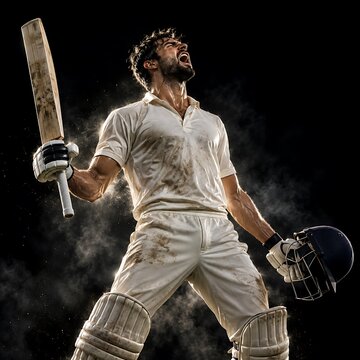 Professional cricket player celebrating victory, triumphant batsman shouting in white uniform, dramatic sports action portrait on black background