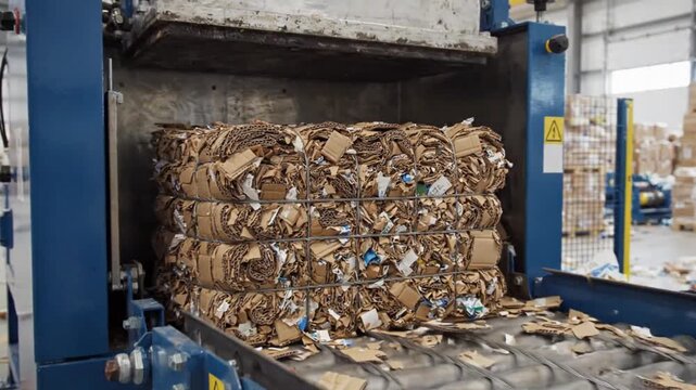 Cardboard Waste Compressed by Industrial Baler: A large bale of compressed cardboard waste is being processed by a heavy-duty industrial baler in a recycling facility.