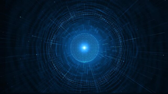 Glowing radial lines stream toward a blue network sphere circular tunnel, immersive technology scene for digital transformation, data transfer, virtual worlds, computing, communication and science.