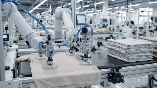 Robotic Automation in Textile Production: Advanced robotic arms meticulously handle fabric on an assembly line in a modern textile factory, showcasing efficient industrial automation.