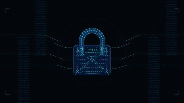Digital padlock icon with glowing blue data streams and binary code patterns, representing cybersecurity and data protection