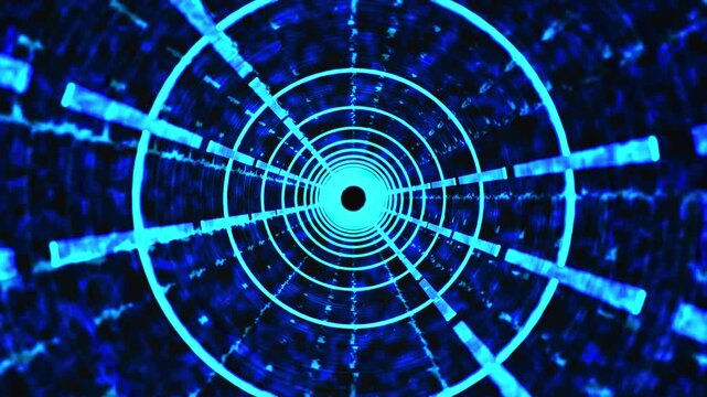 Futuristic circular frequency glow in electric blue waveform details radial motion, dynamic visual for audio analysis, radar scanning, sonar, signal monitoring, broadcasting digital interfaces.