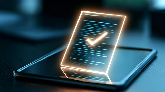 Digital Loan Approval Document Glowing On A Tablet Screen, Crisp Midday Sunlight, Shot On 85mm Lens, Shallow Depth Of Field, High-Contrast Tones, High-Resolution Digital Art, Clean Modern Design