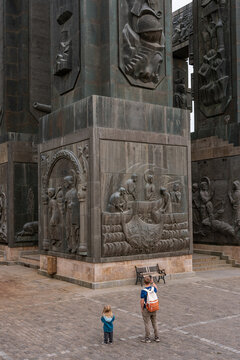 Chronicles of Georgia monument with massive bronze columns in Tbilisi, Georgia