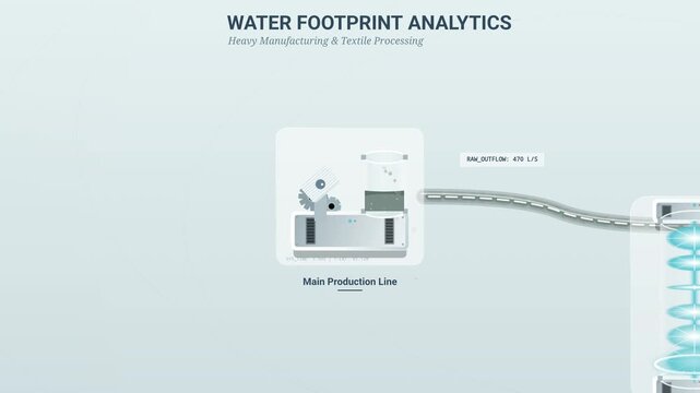 Animated infographic of water footprint analytics in heavy manufacturing and textile processing showing advanced 3D filtration and reverse osmosis for closed loop water recycling and efficiency