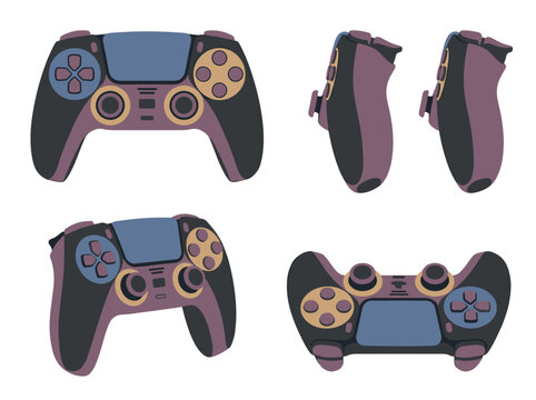Modern gaming controller vector illustration set showcasing multiple perspectives of purple and black professional gamepads for contemporary digital entertainment equipment