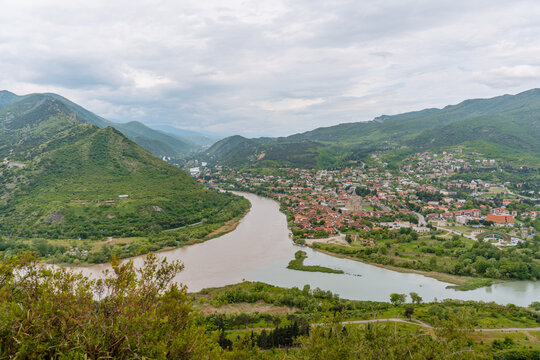 Panoramic view of Mtskheta city at the confluence of two rivers in Georgia