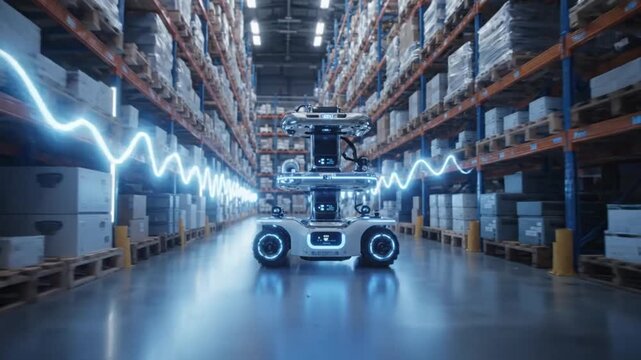 Automated Warehouse Robot Navigating Rows of Shelves: An advanced autonomous robot navigates through a high-tech warehouse, surrounded by towering shelves packed with goods.