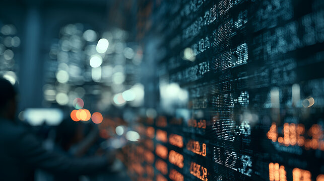 Digital Stock Ticker Glowing With Scrolling Financial Data, Moody Cinematic Low-Key Lighting, Telephoto Compression, Tight Framing, Cool Muted Blue-Gray Palette, High-Resolution Digital Art