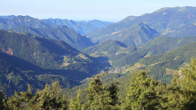 Panoramic view of Bovegno valley in Italian Alps from the trail of Monte Singla, Lombardy, Italy