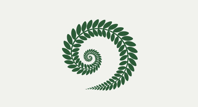 Green fern leaves forming a Fibonacci spiral pattern, organic growth, nature's fractal design, minimalist background.