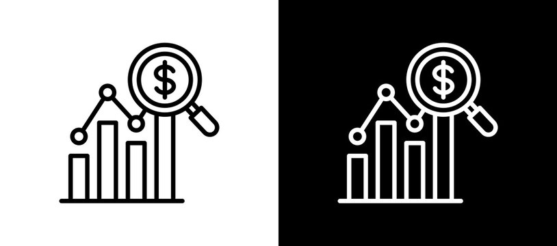 Market Analysis Line Icon On White and Black Backgrounds.   