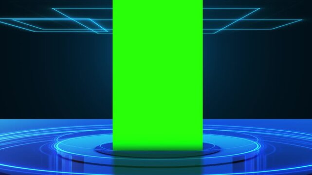 Bright chroma key display rises from a glowing technology stage blue lighting, screen replacement, vertical media, mobile advertising, promotional content, virtual presentations digital studio scenes.