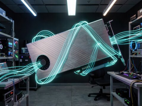 Futuristic graphics processing unit floating in a high tech lab