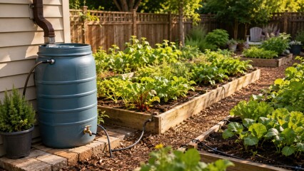 Obraz premium Garden with a rain barrel near vegetable beds in a sunny backyard during afternoon hours in a suburban neighborhood