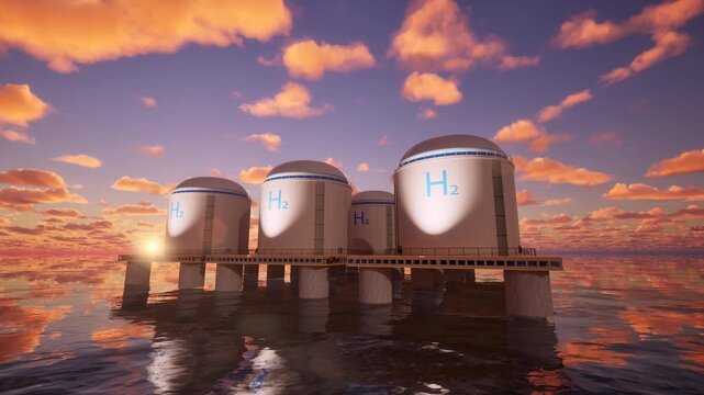 3d rendering group of hydrogen storage system floating on offshore platform in the ocean for low carbon energy infrastructure 4k footage