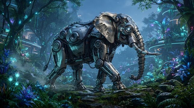 A majestic mechanical elephant walking through a glowing bioluminescent forest with magical blue light and intricate metallic details in fantasy style