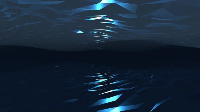 Abstract low poly ocean waves animated background with dark blue light reflection loop