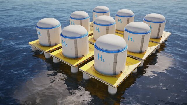 3d rendering group of hydrogen storage system floating on offshore platform in the ocean for low carbon energy infrastructure 4k footage