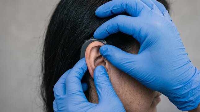 Premium healthcare photo, macro side-angle close-up of an audiologist's gloved hands adjusting a generic external cochlear implant processor behind a patient's ear, modern audiology clinic