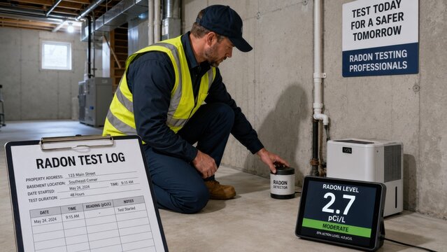 Radon testing in a basement at a residential property in South Coast Corner conducted by a professional on a specific date during the inspection process